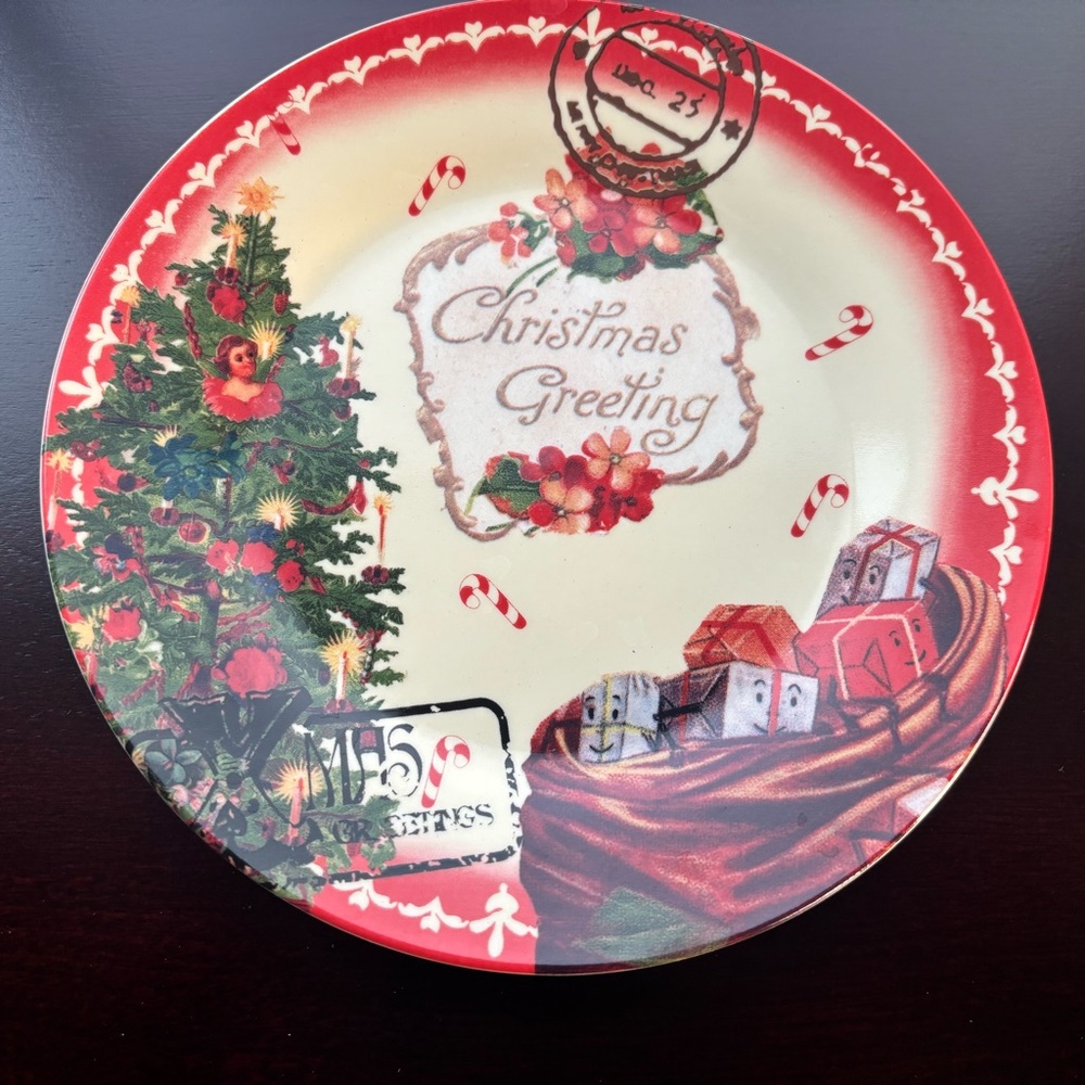 Red and Green Christmas Decor Plate with Santa's Sleigh and Christmas Tree